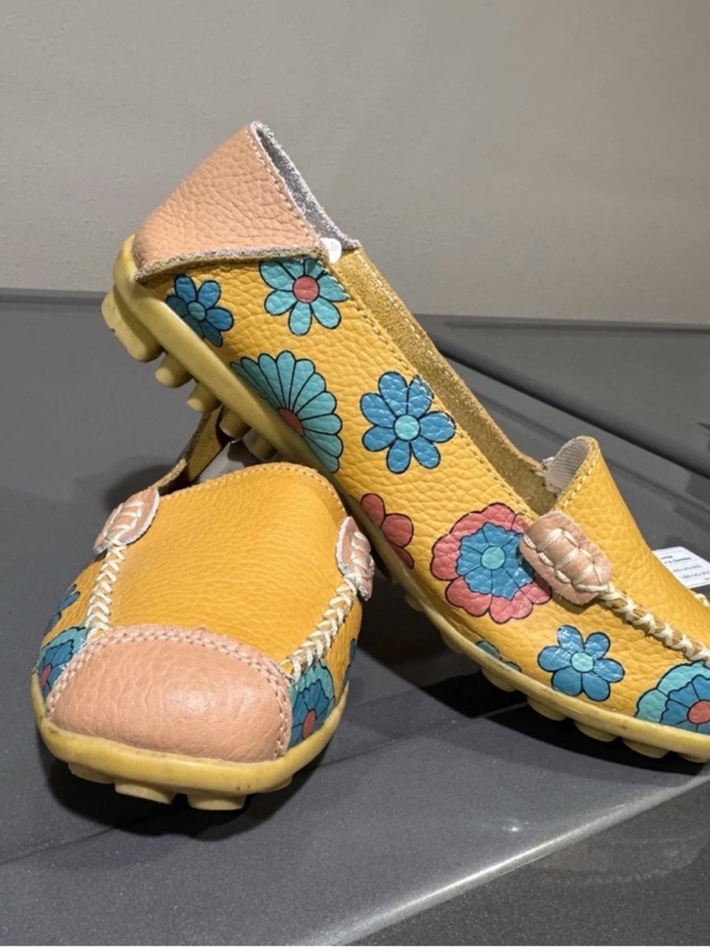 Women’s Yellow Floral Leather Loafers